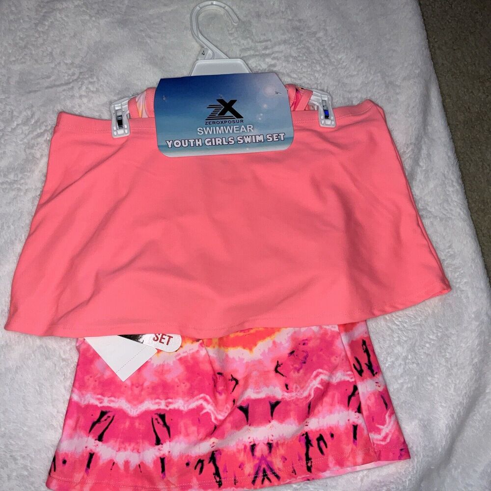 ZEROXPOSUR YOUTH GIRLS SWIM SET 3-PCS SWIM SET SIZE L 14 PINK & ORANGE BRANDNEW